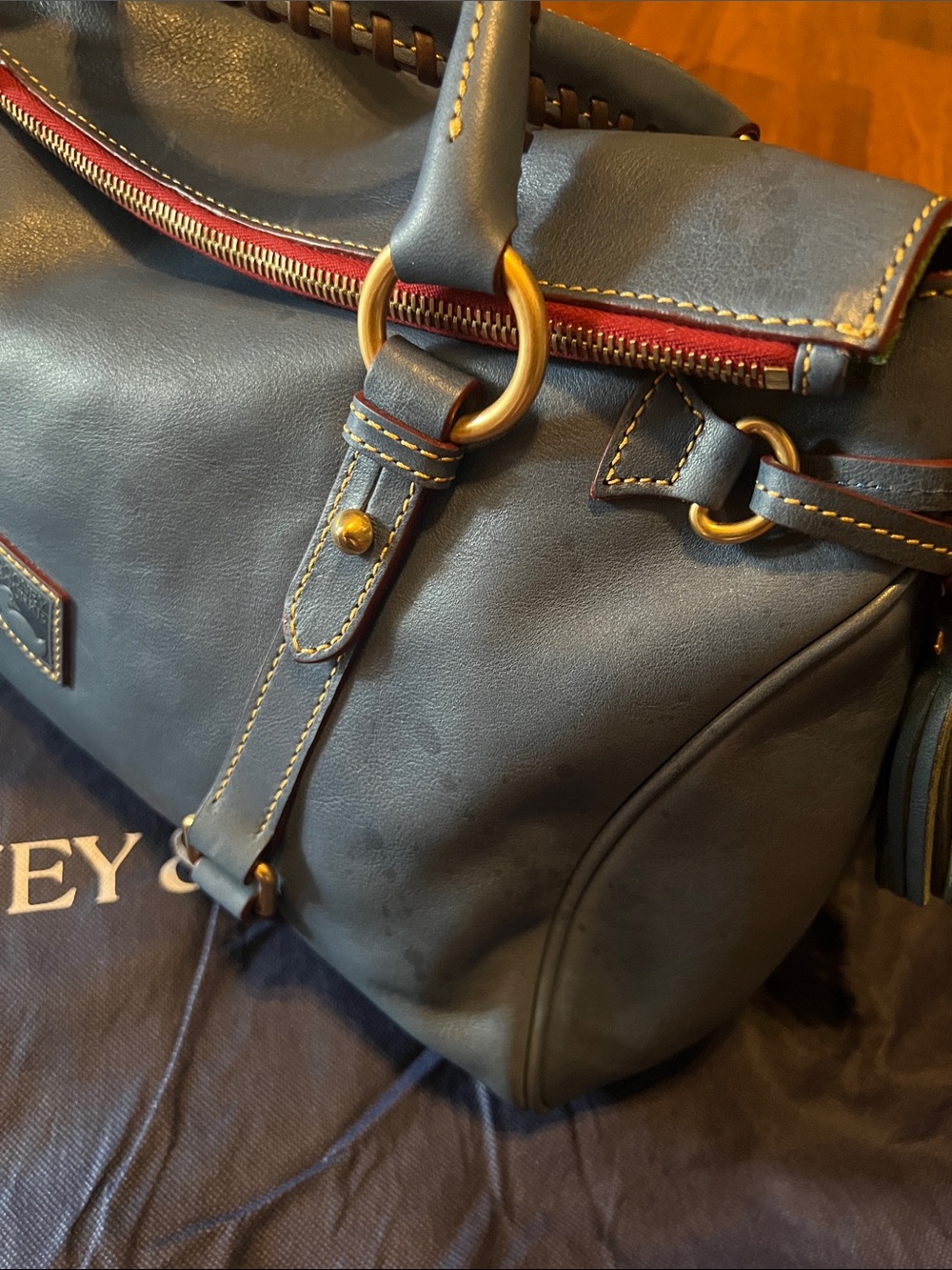 Dooney & Bourke Navy Leather Duffel with Tan Trim - Picture 2 of 8